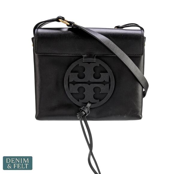Tory Burch Miller Logo Black Leather Magnetic Flap Crossbody Bag 50769 8”x8” - Picture 3 of 16